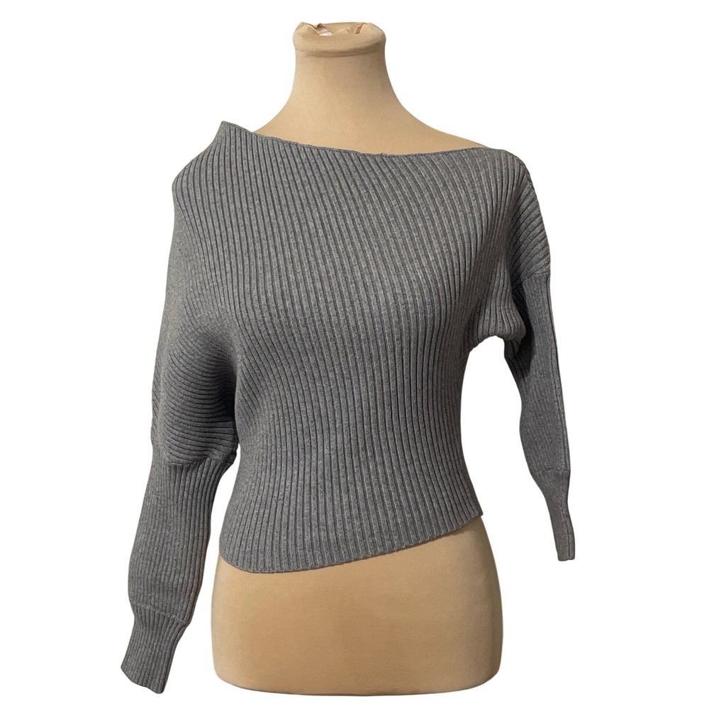Line & Dot Grey Ribbed Boat Neck Dolman Sleeve Cropped Sweater Top Women's Small